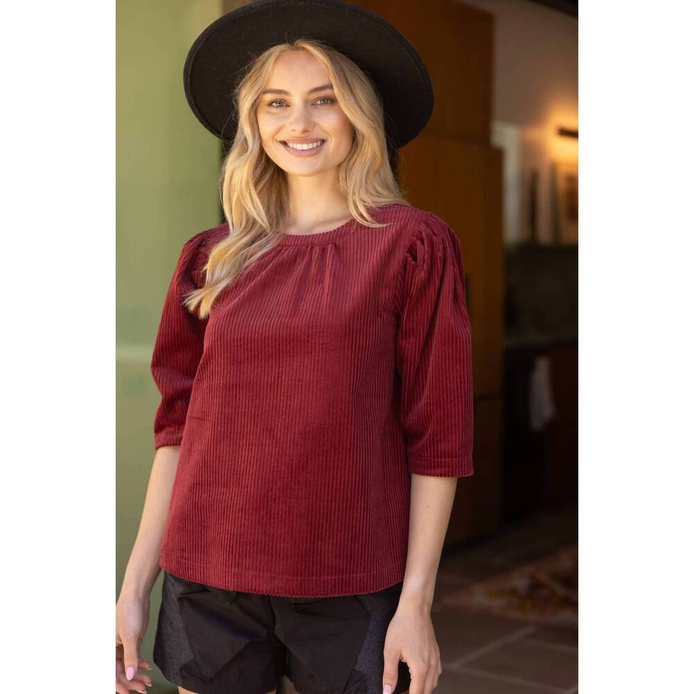 NEW VOY pleated puff sleeve corduroy top in burgundy